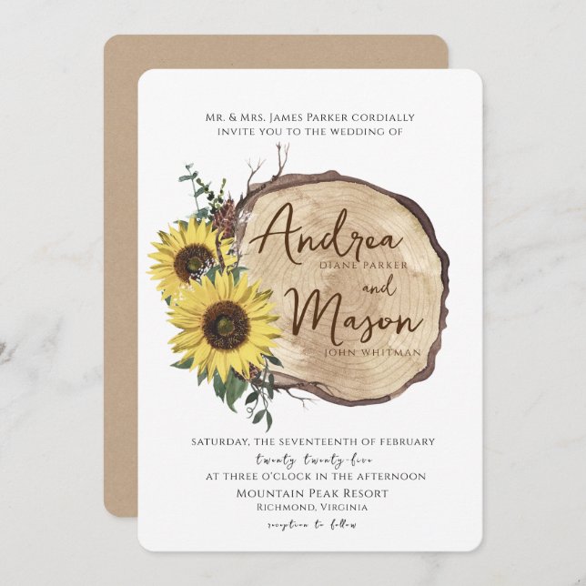 Invitation Chute Sunflowers Bois Slice Russe Mariage Invitati (Devant / Derrière)