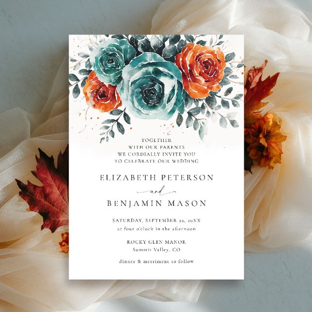 Invitation Chute Turquoise Burange Orange Floral Romantique M (fall wedding invitation teal burnt orange terracotta watercolor floral botanical modern elegant)