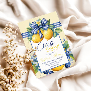 Invitation Ciao Baby Blue Bow Carrelage Citron Baby shower