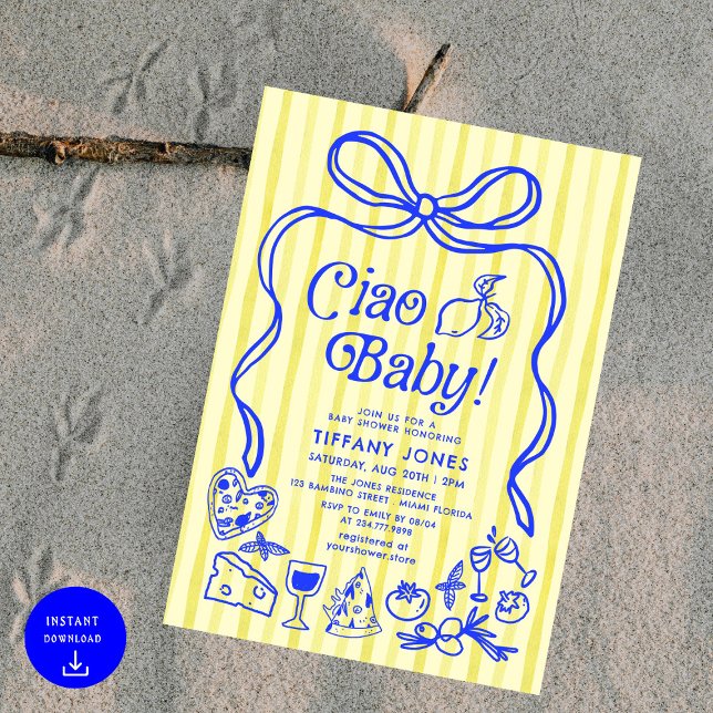 Invitation Ciao Baby Blue Jaune Citron Italien Baby shower (Créateur téléchargé)