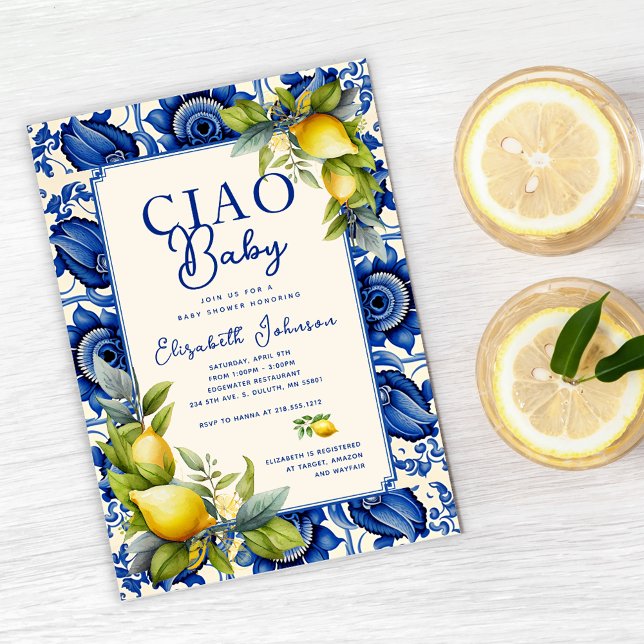 Invitation Ciao Baby Carrelage bleu Baby shower citrons jaune (Créateur téléchargé)