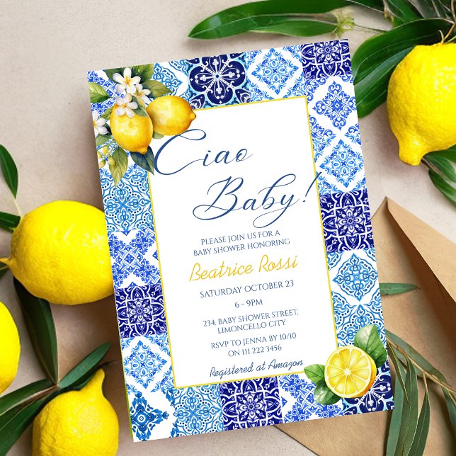 Invitation Ciao Baby Citron Carrelage bleu Baby shower italie (Ciao Baby Lemon Blue Tiles Italian Baby Shower Invitations)