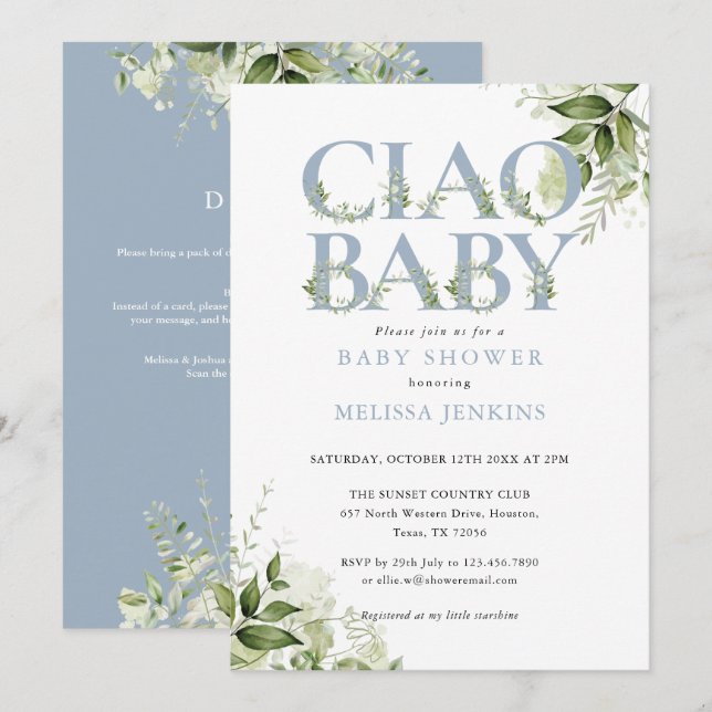 Invitation Ciao Baby Dusty Floral Bleu Tout En Un Baby shower (Devant / Derrière)