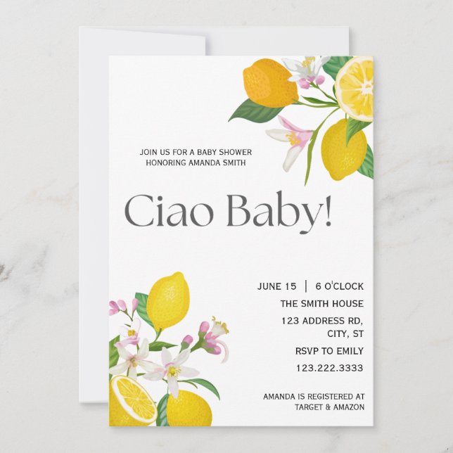 Invitation "Ciao Baby" Joli citrons et fleurs italiens (Devant)