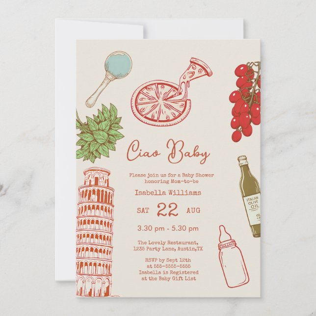 Invitation Ciao Baby Line Art Pizza All In One Baby Shower (Devant)