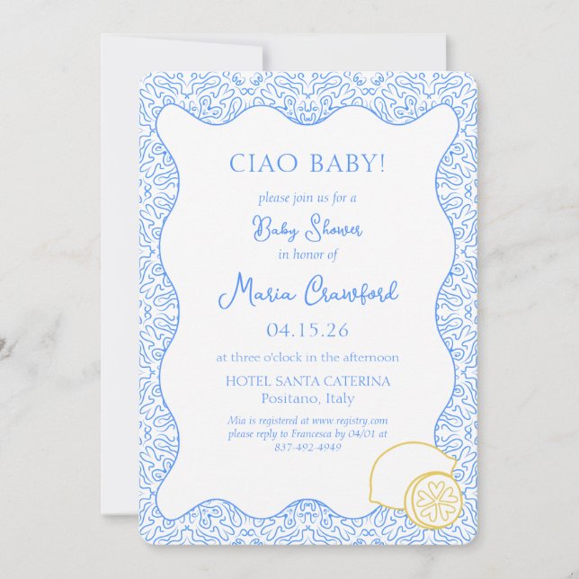 Invitation Ciao Baby shower italien Citron bleu méditerranéen (Devant)