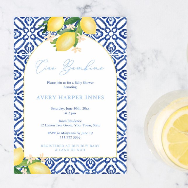 Invitation Ciao Bambino Lemons Arch Boy Baby shower Party (Ciao Bambino Italian inspired lemons baby shower invitation to welcome a little boy. )