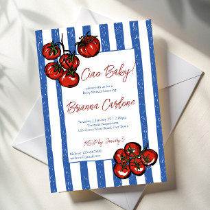 Invitation Ciao bébé tomate rayures bleues Baby shower italie