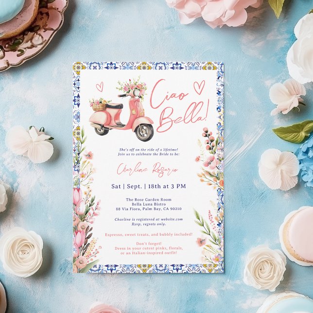 Invitation Ciao Bella Italien Scooter Fête des mariées Floral (Ciao Bella Italian Scooter Floral Bridal Shower Invitation)