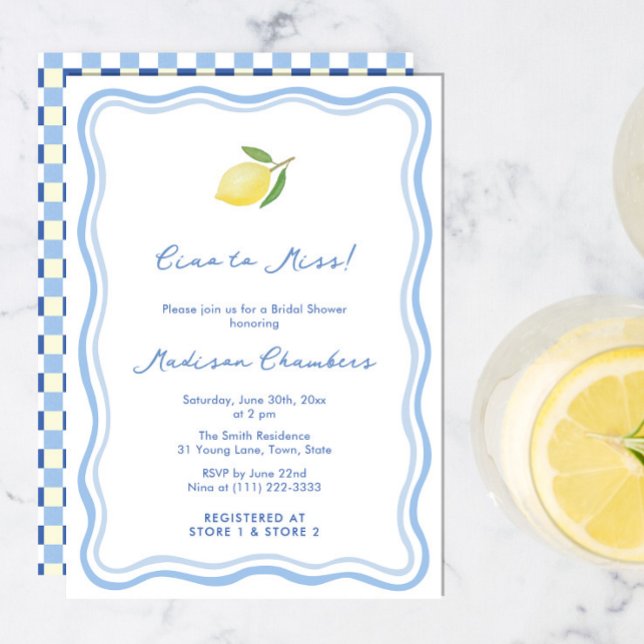 Invitation Ciao To Miss Dolce Vita Blue Yellow Fête des marié (Ciao to Miss Dolce Vita Italian citrus lemon bridal shower invitation in blue and white)