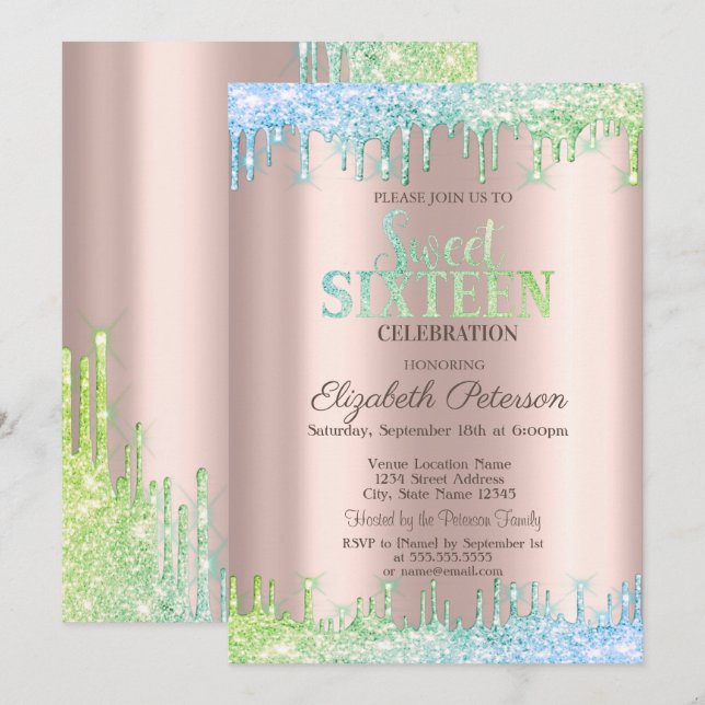 Invitation Cic Ombre Parties scintillant Rose Gold Sweet 16 (Devant / Derrière)