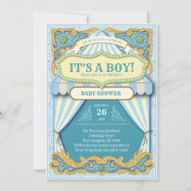 Invitation Cicus Carnival Boy Baby shower Blue Big Top (Devant)