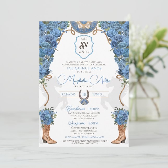 Invitation Ciel bleu clair Floral Ouest Charro Quinceañera (Debout devant)