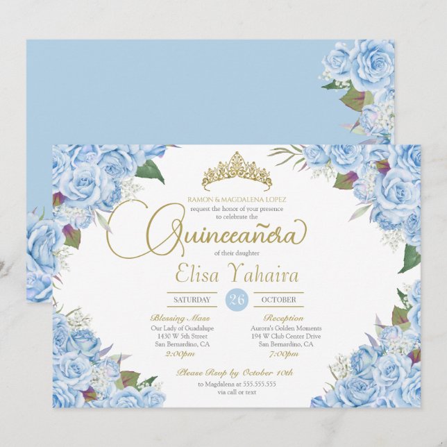 Invitation Ciel bleu clair Rose Floral Or Tiara Quinceanera (Devant / Derrière)