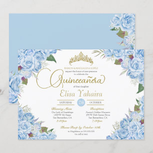 Invitation Ciel bleu clair Rose Floral Or Tiara Quinceanera