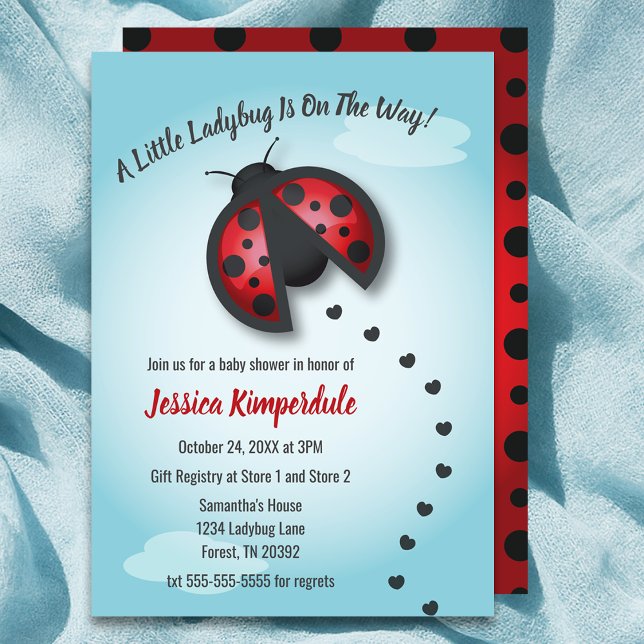 Invitation Ciel bleu et rouge La petite coccinelle est en rou (Blue and Red Sky Little Ladybug Is On The Way Invitation)