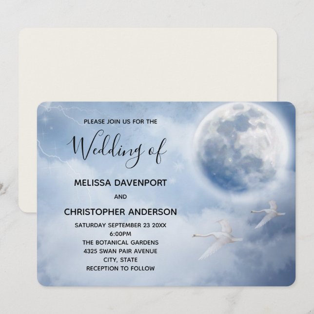 Invitation Ciel bleu magique avec Mariage de cygnes volants (Devant / Derrière)