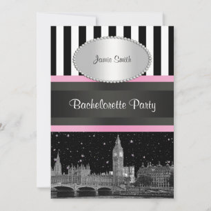 Invitation Ciel de Londres BW Blk Wht Strp Rose Bachelorette