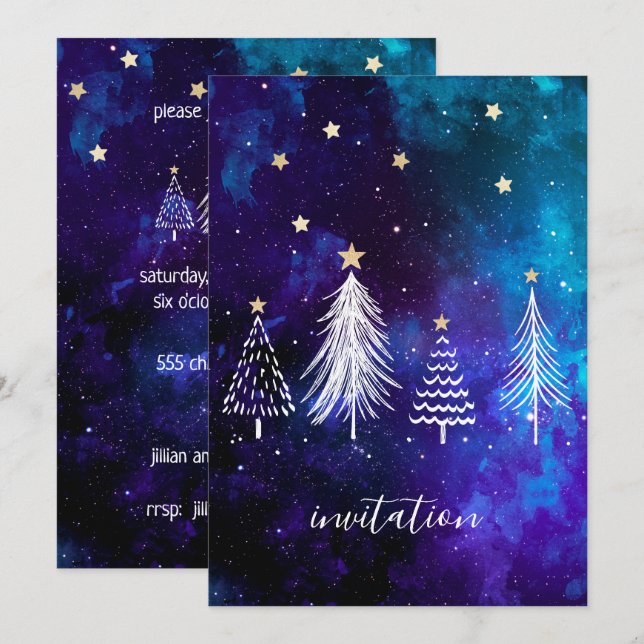 Invitation Ciel de Noël, Bleu, Blanc, Étoiles, Fête (Devant / Derrière)
