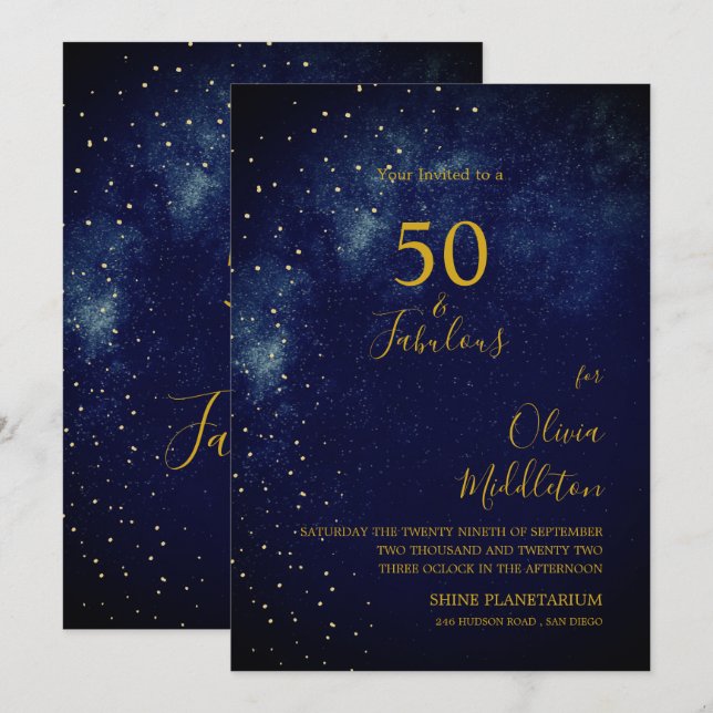 Invitation Ciel de soirée pour 50e anniversaire Astral Or Éto (Devant / Derrière)