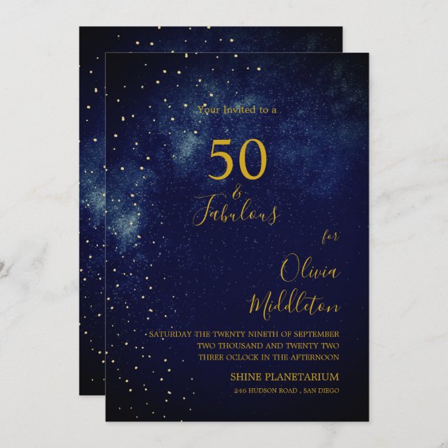 Invitation Ciel de soirée pour 50e anniversaire Étoiles dorée (Devant / Derrière)