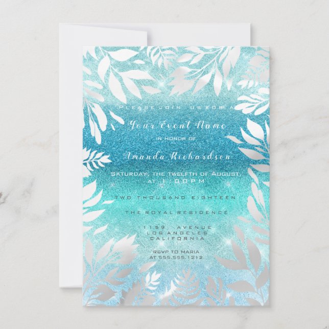 Invitation Ciel d'Océan Bleu Paillettes Ombre Floral Marine (Devant)