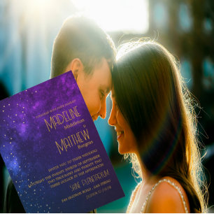 Invitation Ciel du Soir Astral Étoiles Dorées Mariage Violet 