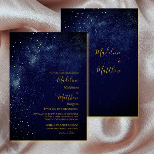 Invitation Ciel du soir Astral Or  Étoiles Bleu  Mariage