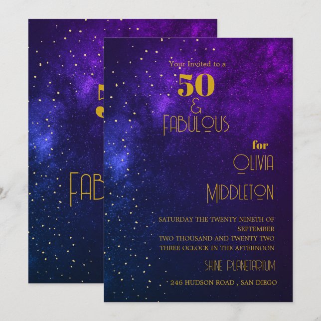 Invitation Ciel du soir d'anniversaire 50 ans Étoiles dorées  (Devant / Derrière)