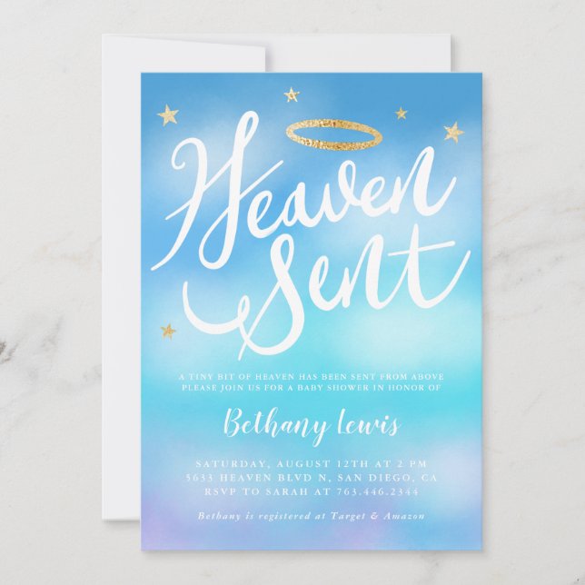 Invitation Ciel envoyé Angel Gold Halo Baby shower bleu (Devant)