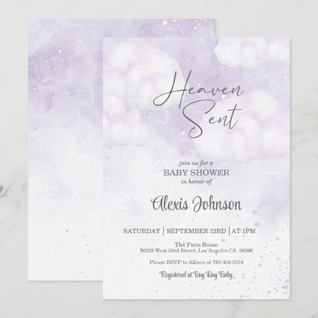 Invitation Ciel envoyé Baby shower pourpre (Devant / Derrière)