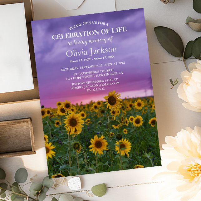 Invitation Ciel et tournesols violets | Célébration de la vie (Créateur téléchargé)