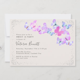 Invitation Ciel papillon rose Argent Confetti Sweet 16