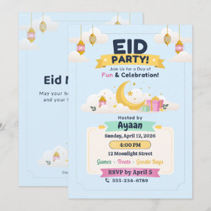 Invitation Ciel Pastel Bleu Fête Eid Enfants Lune & Lanternes