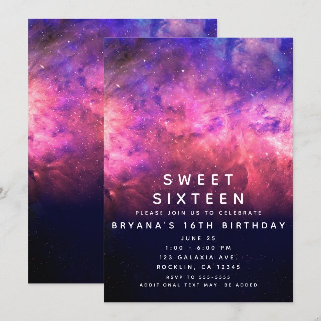 Invitation Ciel rose violet étoilé Galaxie cosmique Sweet 16 (Devant / Derrière)