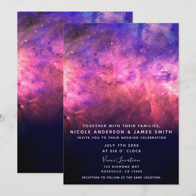 Invitation Ciel rose violet étoile Mariage de ciel de Galaxie (Devant / Derrière)