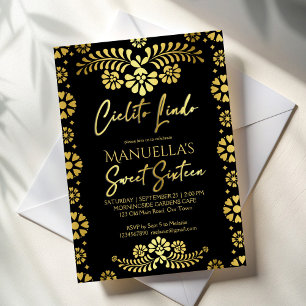 Invitation Cielito lindo or noir Mexicain 16e anniversaire
