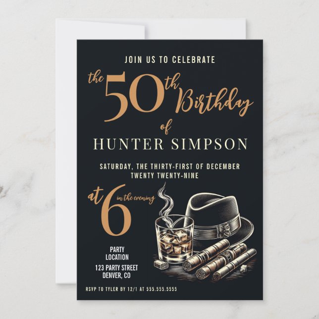 Invitation Cigares et Bourbon fête d'anniversaire (Devant)