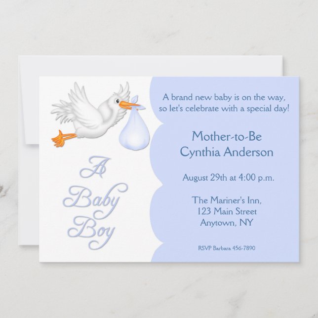 Invitation Cigogne de bleu de garçon de baby shower (Devant)