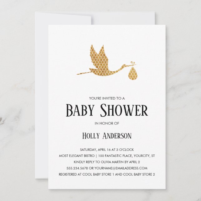 Invitation Cigogne de très bon goût d'or de baby shower (Devant)
