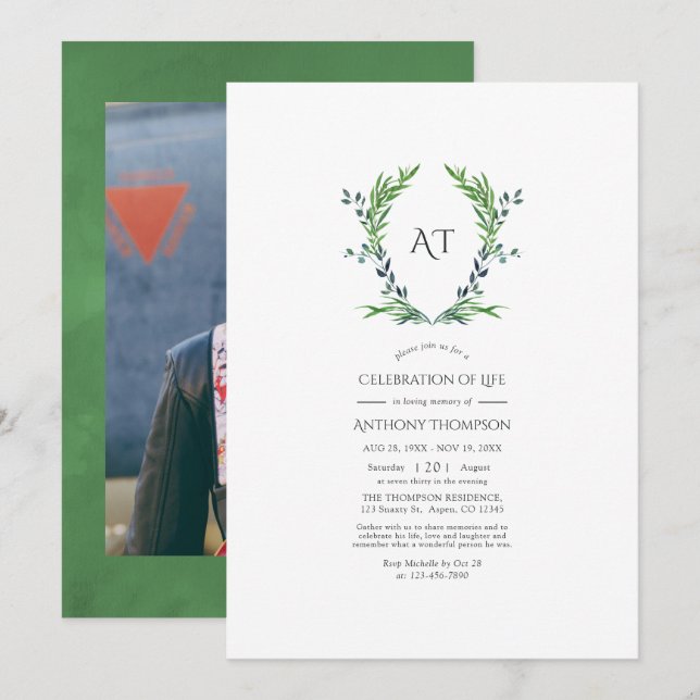 Invitation Cimetière de Laurel Monogramme Célébration de la v (Devant / Derrière)