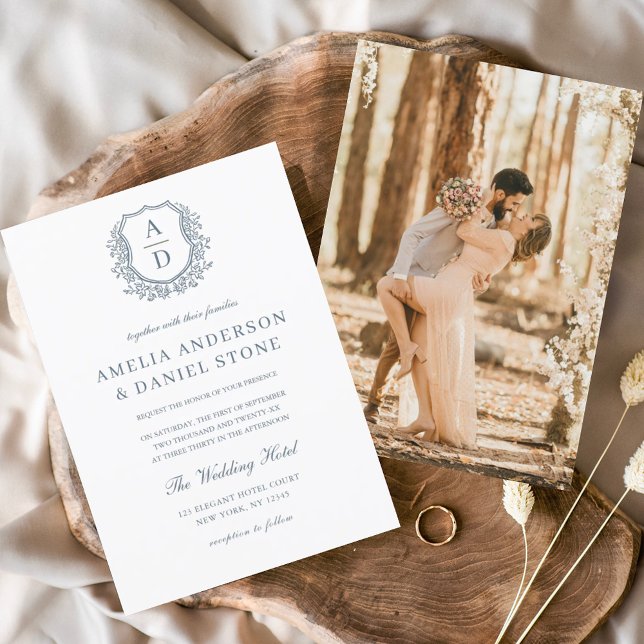 Invitation Cimetière Floral bleu Dusty Monogramme Mariage Élé (Créateur téléchargé)