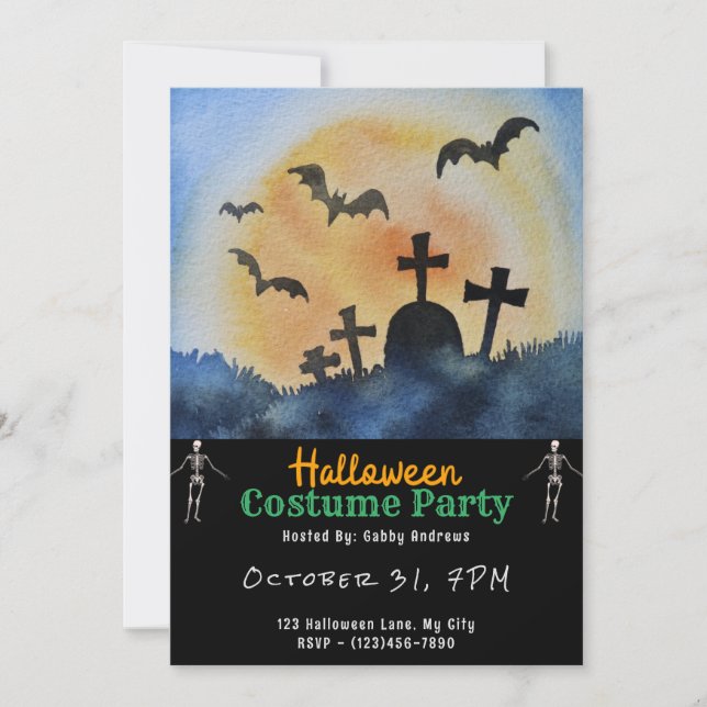 Invitation Cimetière Graves Bats Pleine lune Halloween noir (Devant)
