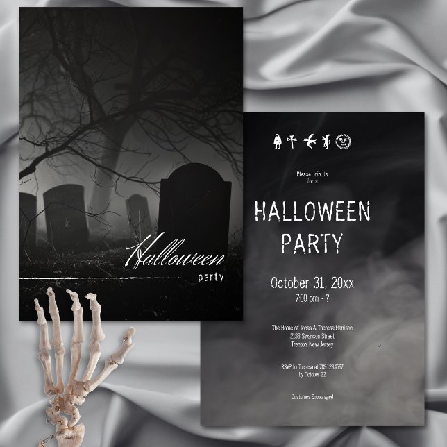 Invitation Cimetière noir et blanc éffrayant Fête d'Halloween (Spooky Black & White Cemetery Halloween Party Invitation)