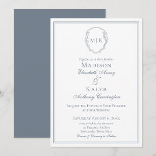 Invitation Cimetière Tirée Élégant Monogramme Dusty Bleu
