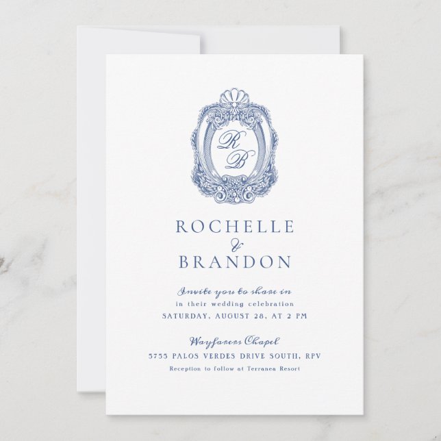 Invitation Cimier baroque Bleu français Mariage antique (Devant)