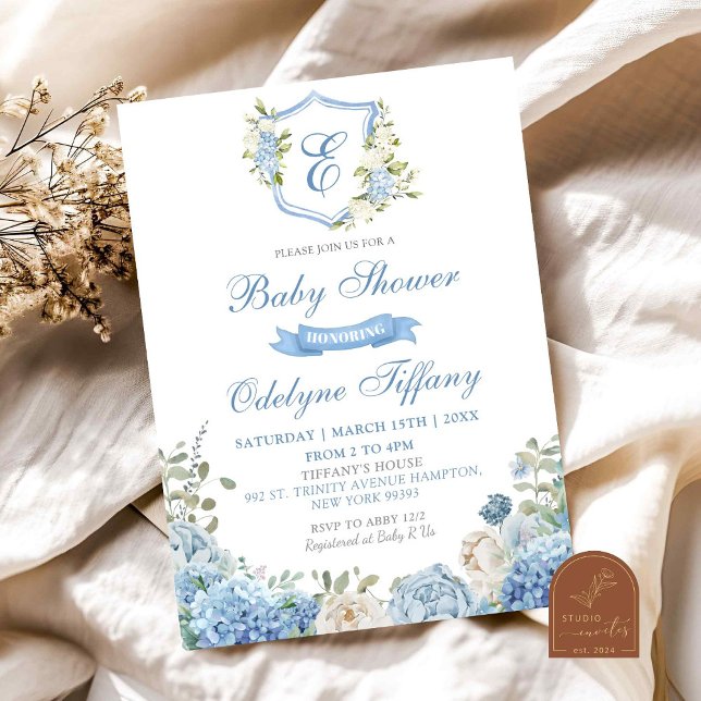 Invitation Cimier bleu Dusty Hydrangea Baby shower Floral (Créateur téléchargé)