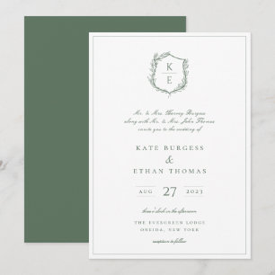 Invitation Cimier botanique Monogramme Sage Mariage vert