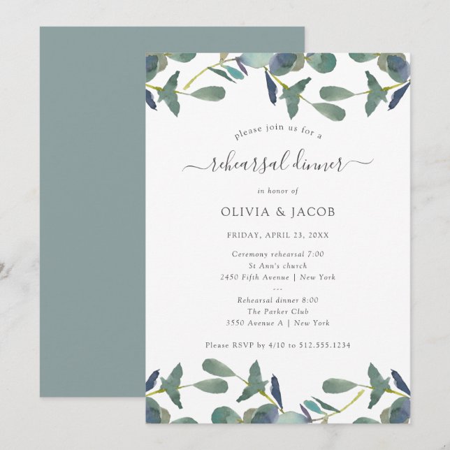 Invitation Cimier d'Eucalyptus | Dîner de répétition Feuille  (Devant / Derrière)
