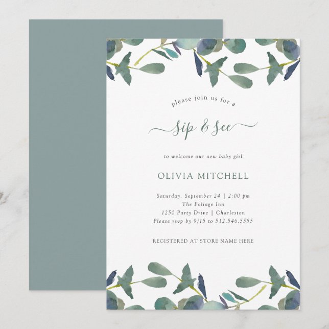 Invitation Cimier d'Eucalyptus | Feuilles verts Siroter et vo (Devant / Derrière)